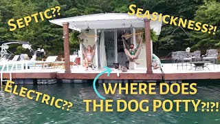 TOP 7 QUESTIONS About Life on a FLOATING CABIN Answered!!  (couple living on offgrid houseboat)