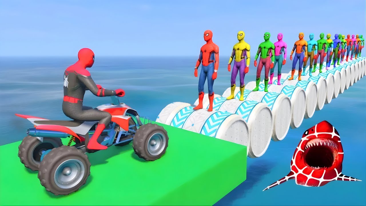 سبايدر مان اصعب دراجة نارية فوق اسماك القرش - Superheroes Ride on Motorcycle Stunt Funny Moments