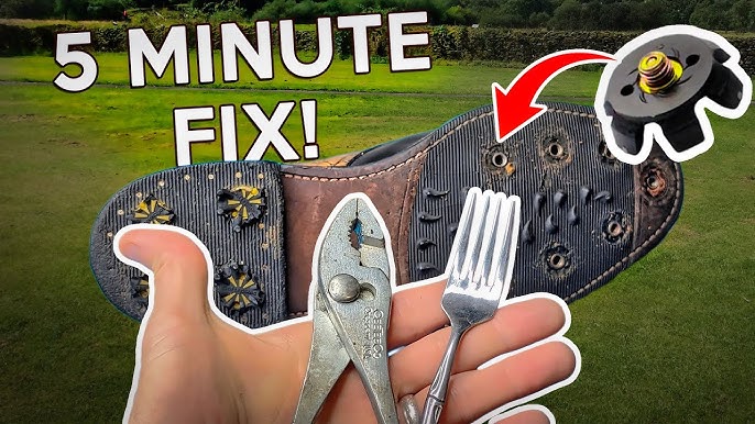 A Hand Holding A Damaged Cleat Sole With Pliers And A Repair Tool Nearby, Illustrating A Diy Fix For How To Remove Golf Spikes