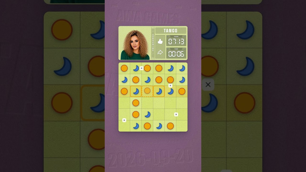 LinkedIn Tango #713 solved board for September 20, 2026, 6x6 grid