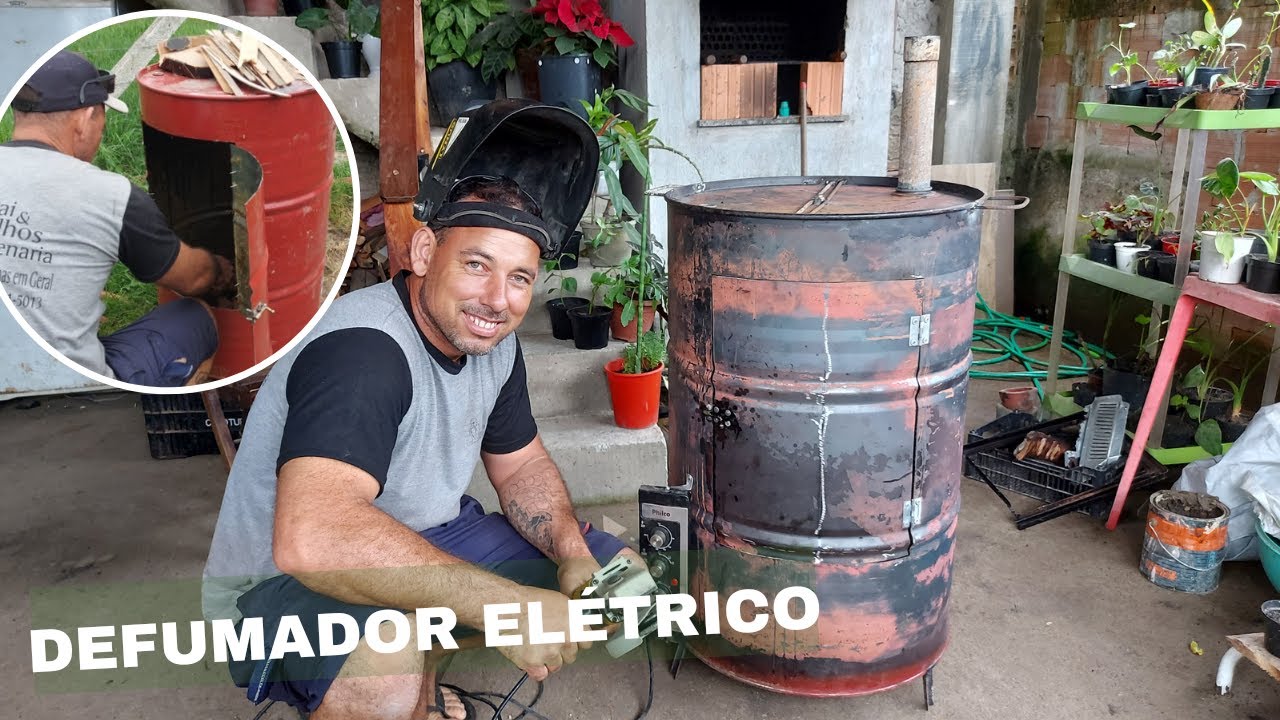 Defumador caseiro elétrico, feito com tambor e peças de forno usado