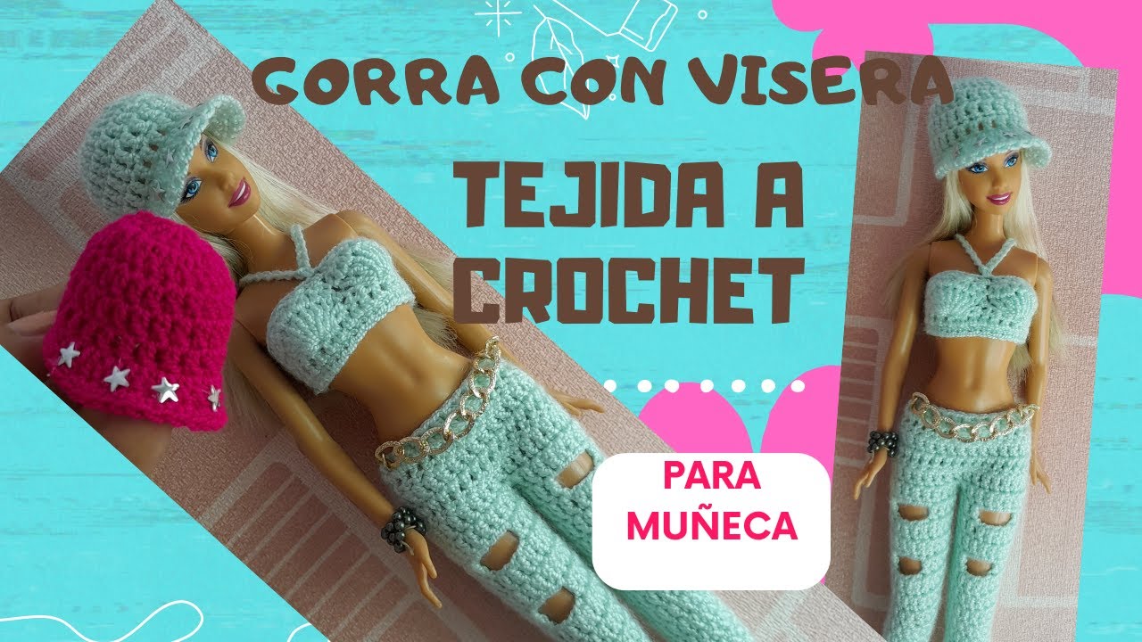 Gorra con Visera Tejida a Crochet para Muñeca Barbie