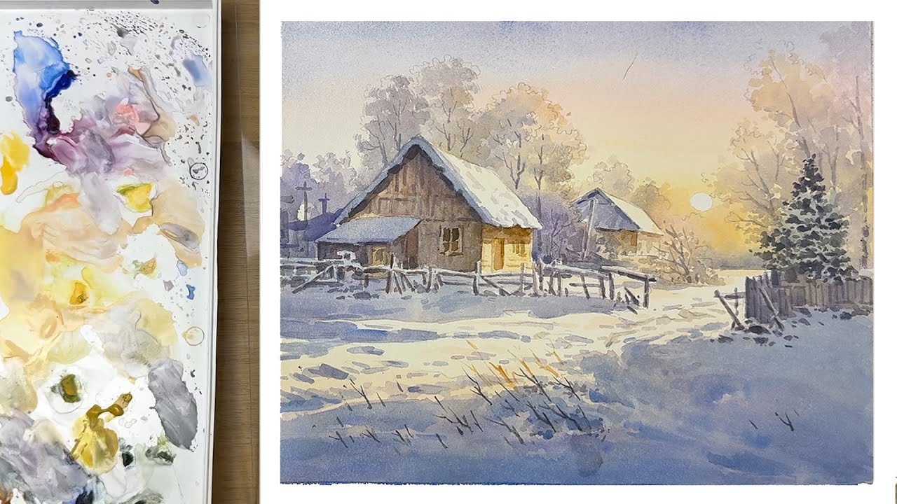 Watercolor landscape painting - Winter sunset