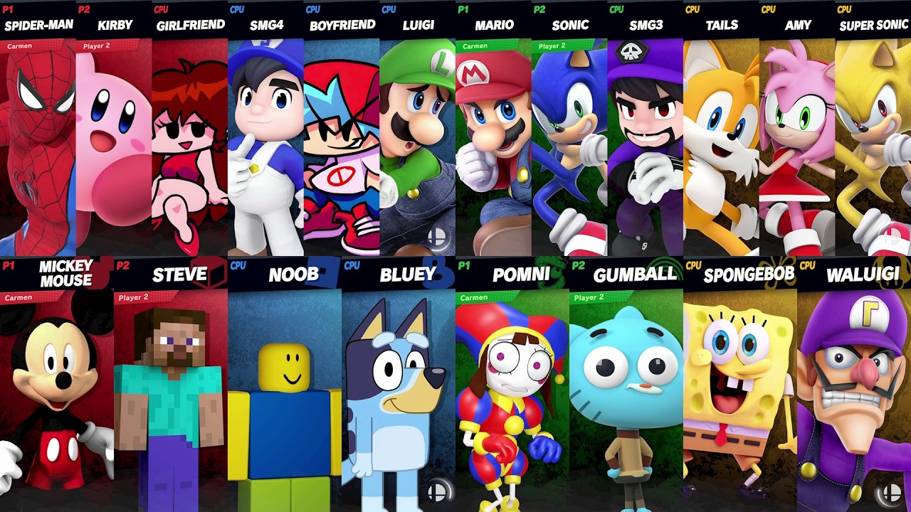Sonic vs Mario vs Spider-Man vs Bluey vs SpongeBob vs Mickey vs Roblox vs Minecraft | Smash Bros