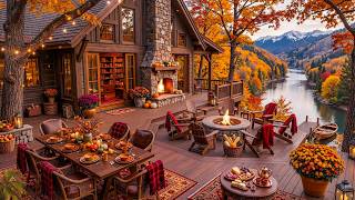 Peaceful Autumn Morning at Riverside Porch Ambience 🍂 Warm Piano, Leaves Falling Gently for Focus screenshot 4