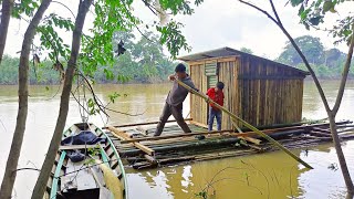 Camping hujan deras  4 hari Membangun rumah terapung dari bambu di sungai besar