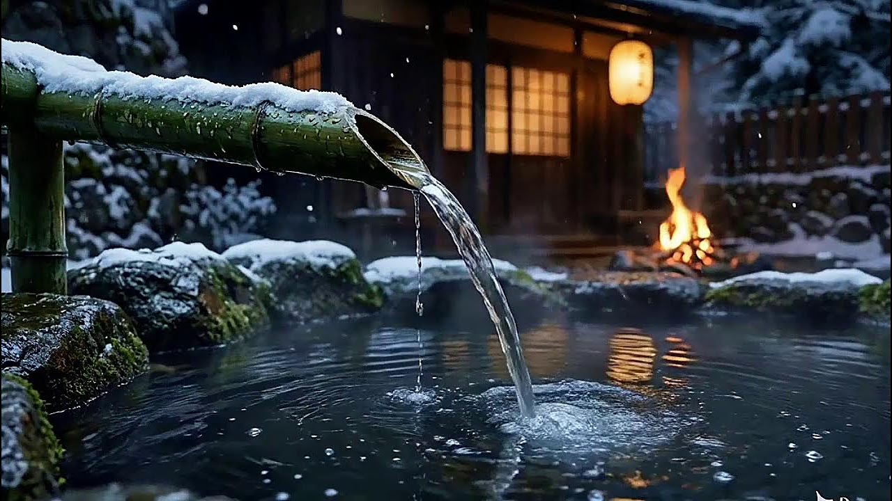 Snowfall Tranquility: Warm Onsen Night in Japan ❄️♨️🌙
