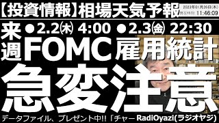 【相場天気予報(総合投資情報)】２月２日(木)FOMCと２月３日(金)雇用統計の相場急変に注意！　日経平均は順調に調整しているが、そろそろピークが見え始めた。欲ばらず利確して次の買いチャンスを待とう。