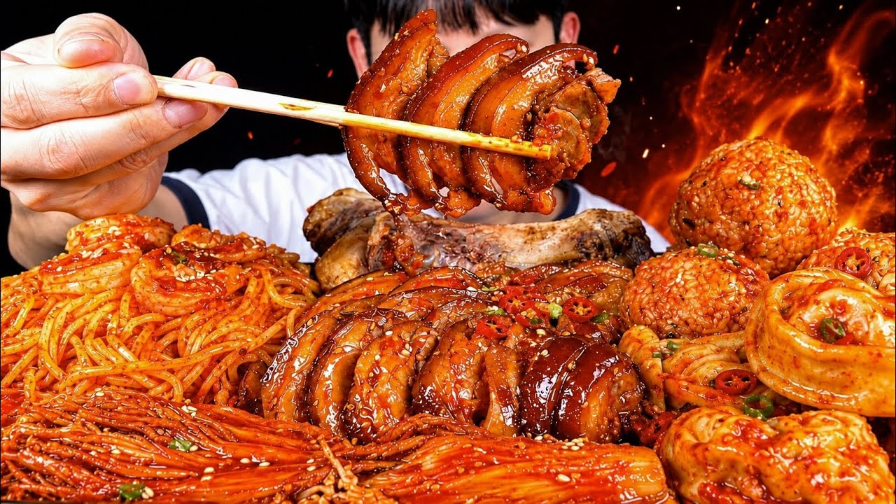 ASMR 매운불족발과 불팽이버섯 불만두 불주먹밥 먹방EXTREMELY SPICY Fire Pork Trotters, Enoki Mushrooms & Dumplings MuKBang