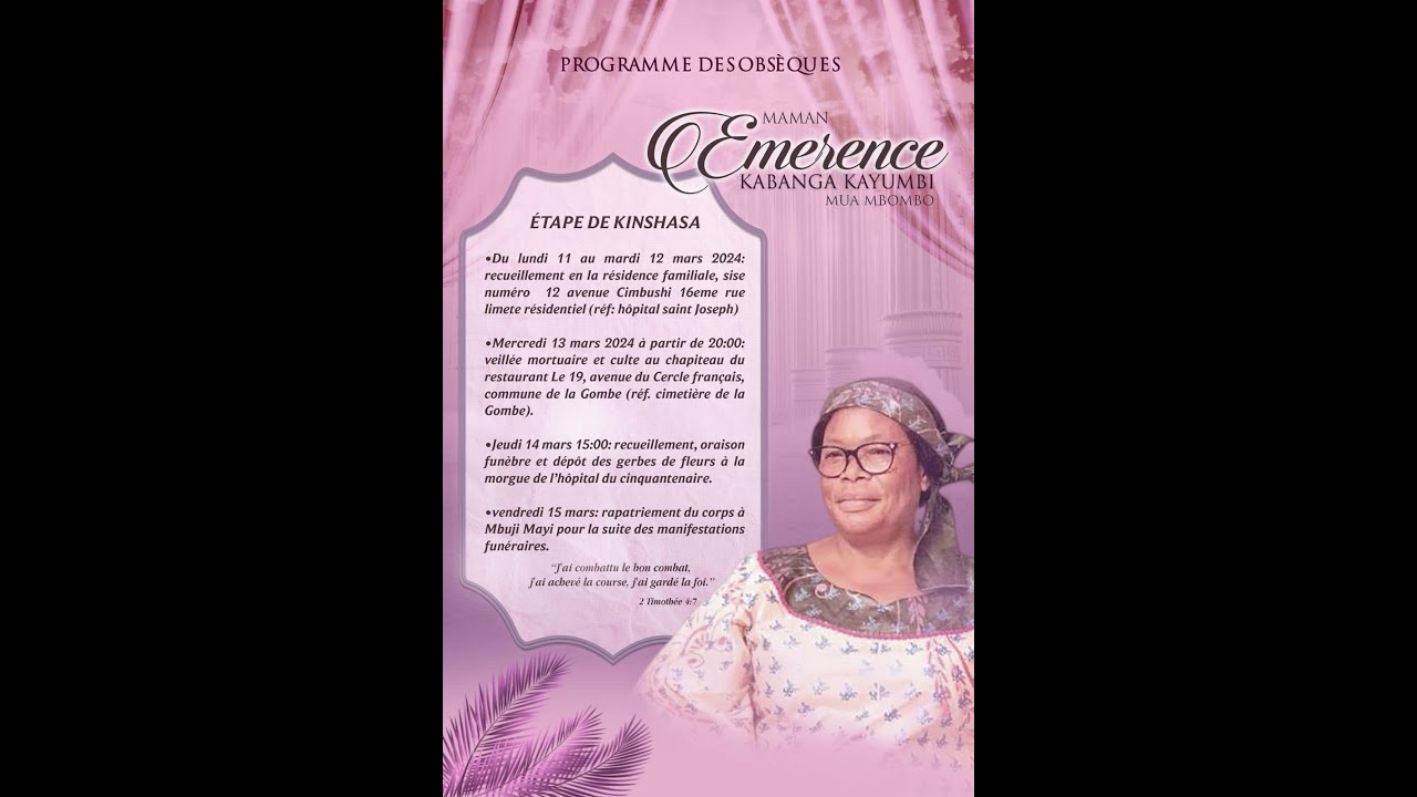 Maman Ruth SERVICE MEMORIAL EN HOMMAGE A MAMAN RUTH MWA MBOMBO. Jeudi 14 MARS 2024 ...