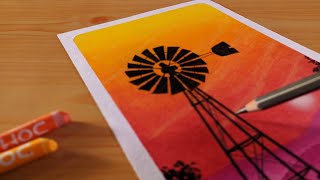 Windmill Sunset Landscape - Oil Pastels Drawing for beginners - Art Artistry