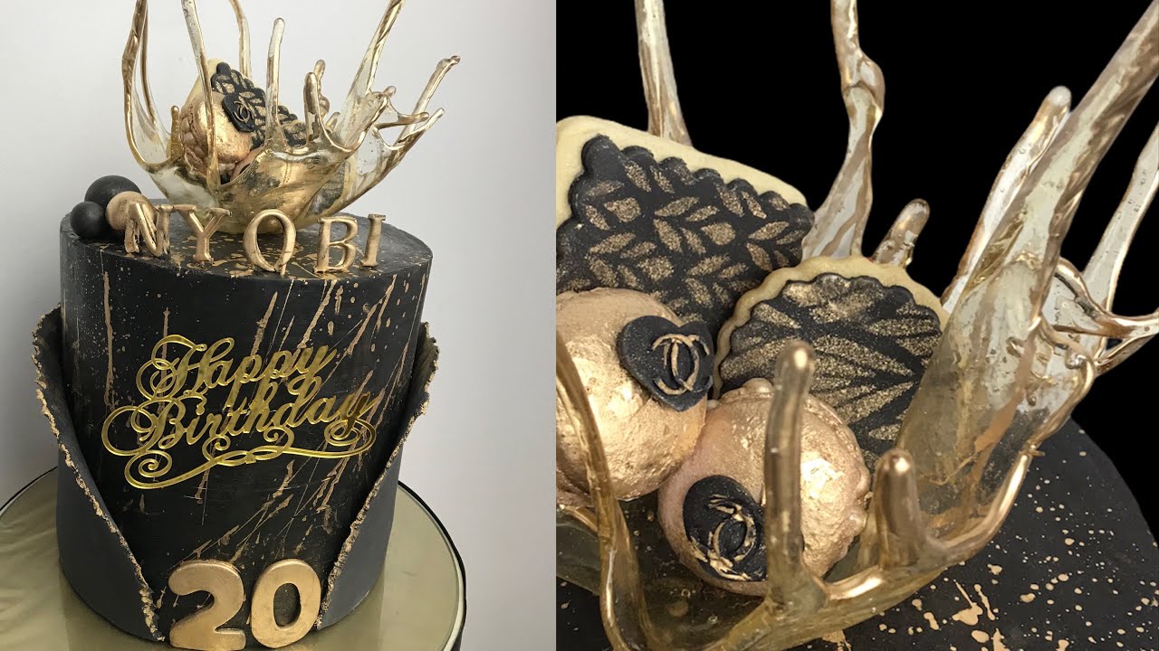 Cake decorating tutorials | CAKE |  black gold |Sugarella Sweets عمل الزجاج الغذائي لتزيين الكيك