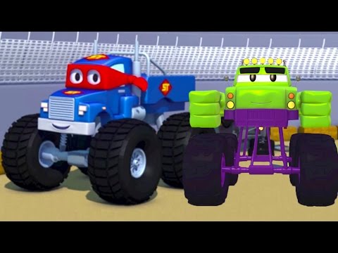 Carl the Super Truck and the Monster Truck Hulk in Car City Cars Trucks Cartoons fo Kids