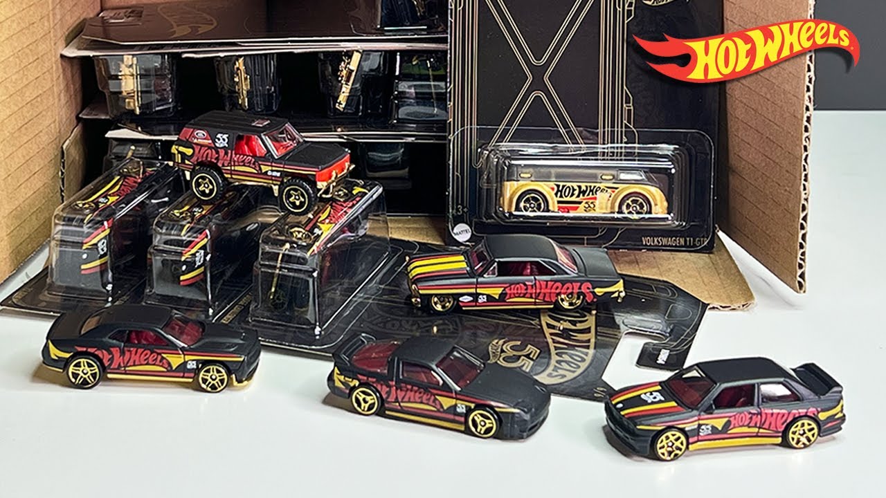 Unboxing Hot Wheels Th Anniversary Pearl Chrome Series Black Yellow Set With VW T