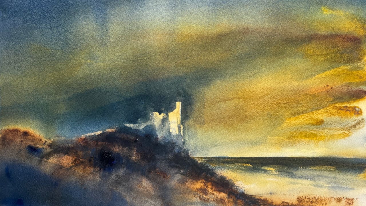 Заброшенный замок, созданный с использованием теплых и холодных тонов в акварельной технике.