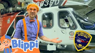 blippi learns and explores a firefighting helicopter educational videos for kids