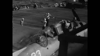 Grumman Avenger lands on USS Essex with a wounded gunner on board on November 25th 1944