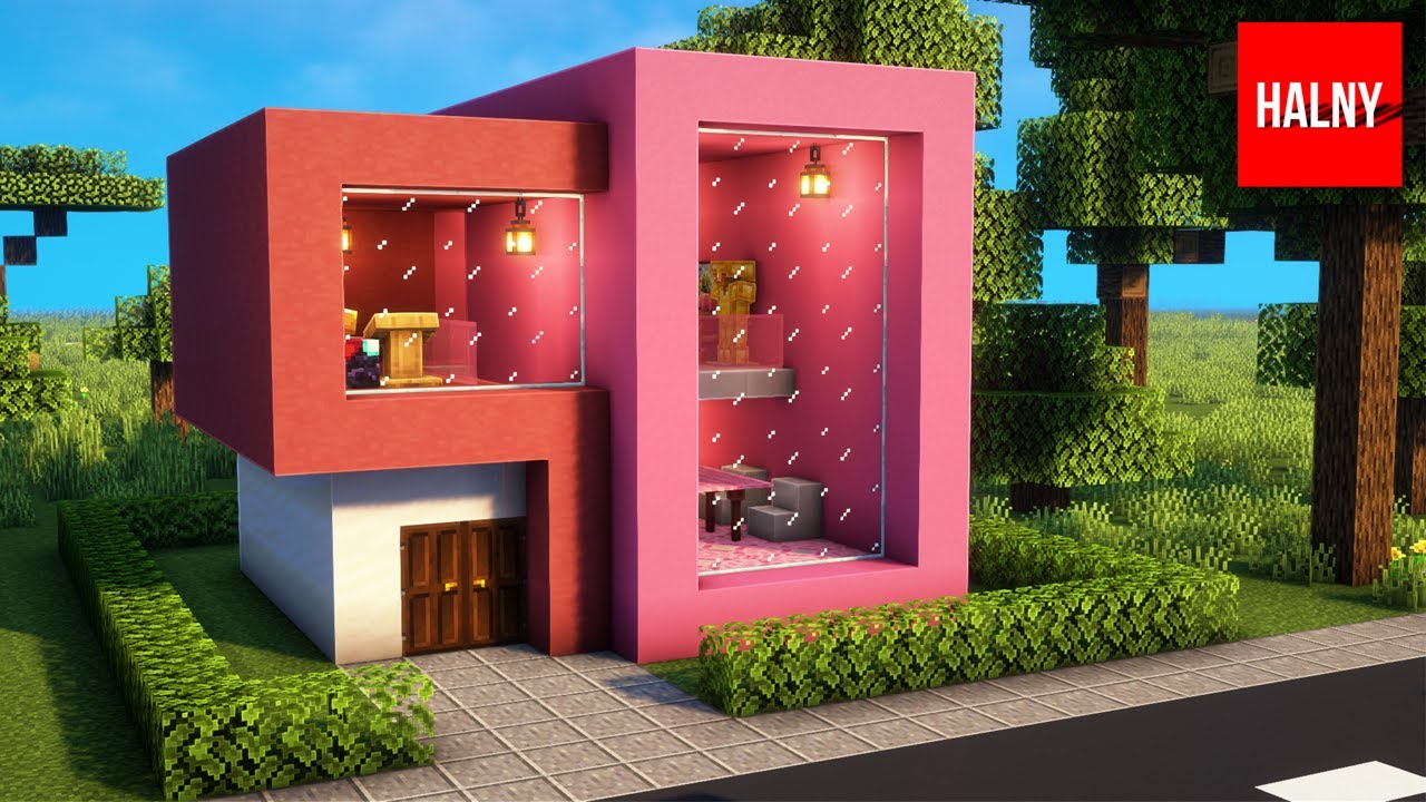 Aesthetic pink modern house ♡ Minecraft 🎀 em 2023