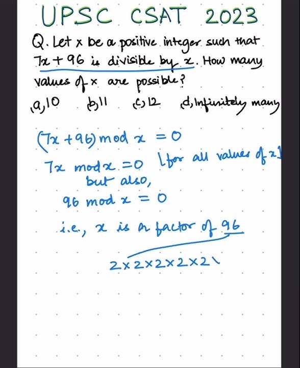 How many values of x are possible st. 7x   96 is divisible by x | UPSC CSAT 2023 #moduloarithmetic