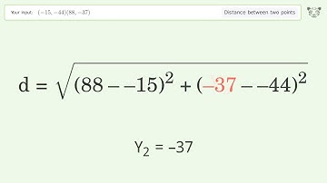 Find the distance between two points p1 (-15,-44) and p2 (88,-37): Step-by-Step Video Solution