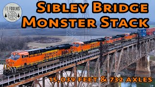 3 mile long monster stack train crosses the Sibley Railroad Bridge