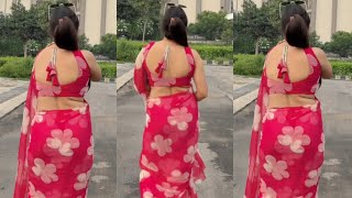 Pink Chiffon Transparent Saree With White Flower 💮 Print | Red Blouse With White Floral Print screenshot 1