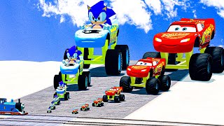 Big & Small SonicQueen Monster Truck vs Big & Small McQueen Monster Truck vs ThomasTrainBeamNG.Drive