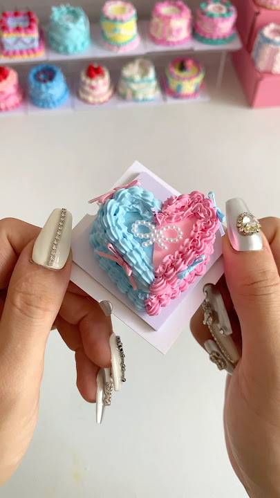 Dual-Tone Heart Clay Cake Kit : Pink & Blue with Elegant bow🎀#diy#cake #clay#mini#tutorial#craft