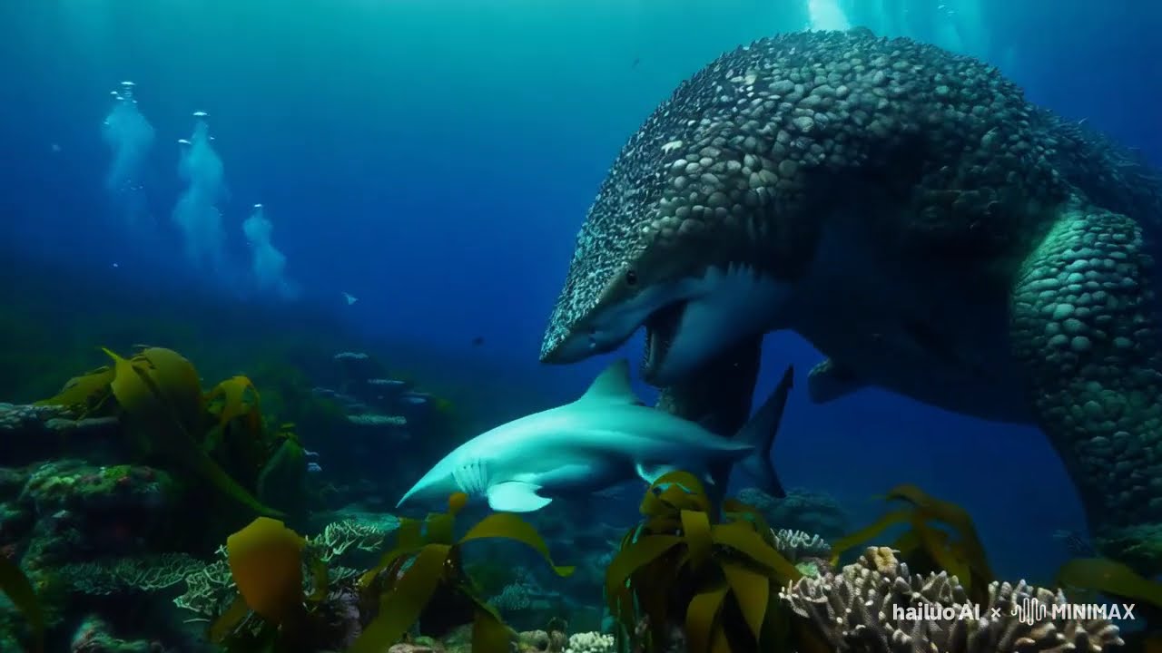 Graphics from artificial Intelligence (AI) generator. Sea monster eats Great White