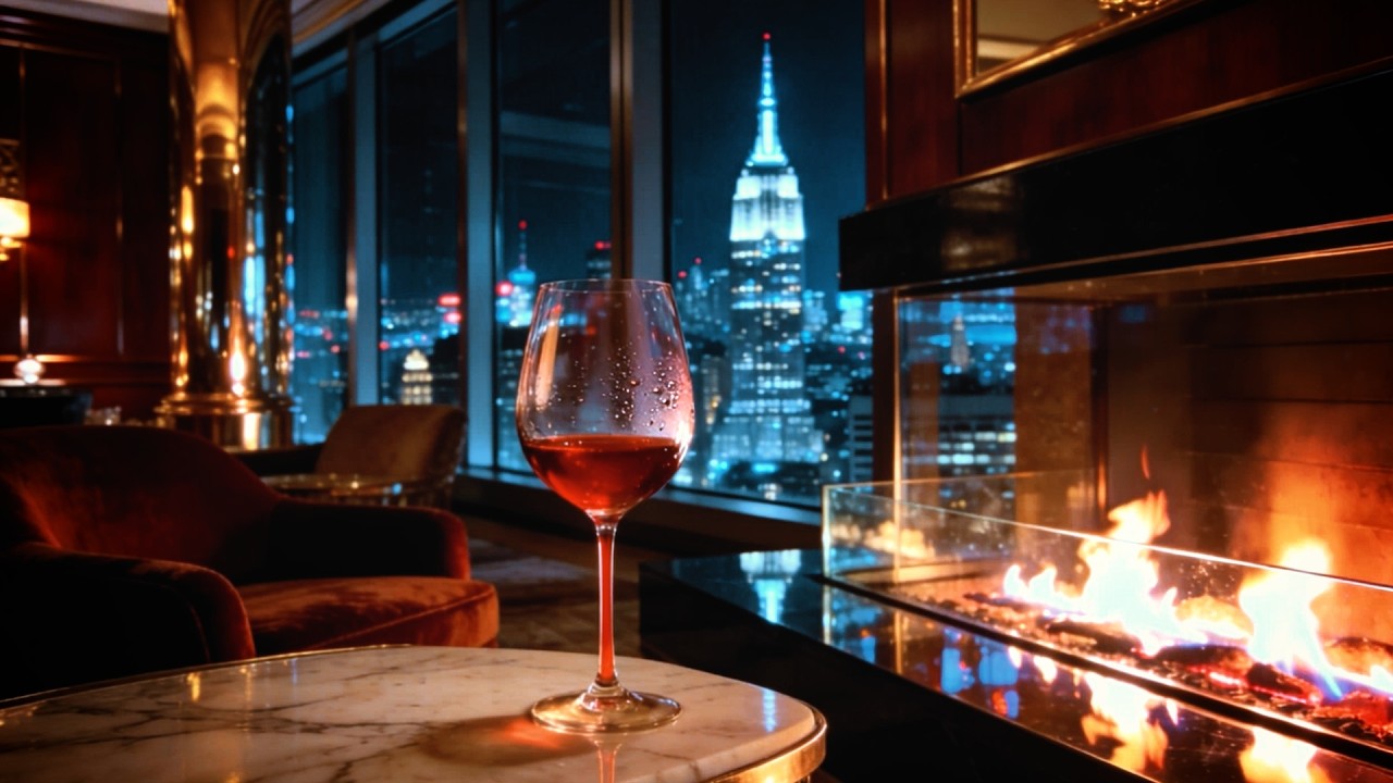 Relaxing Smooth Jazz • Warm Fire, Red Wine & Manhattan Skyline Lights | ønejazz