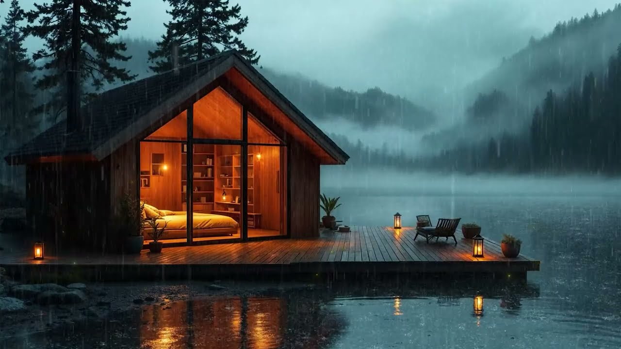 Уютный домик на берегу озера в тумане – расслабляющий дождь и нежные раскаты грома для глубокого ...