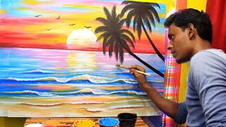 Sunset time seascape nature drawing painting | beautiful sunset painting | Sea beach scenery