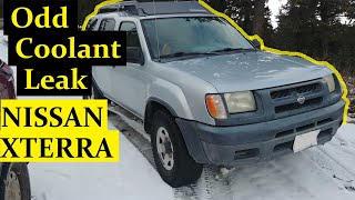 COOLANT LEAK FROM BACK OF ENGINE - NISSAN XTERRA / FRONTIER (VG33E) - WELL SHOWN. COOLANT LEAK FROM BACK OF ENGINE - NISSAN XTERRA / FRONTIER (VG33E) - WELL SHOWN.