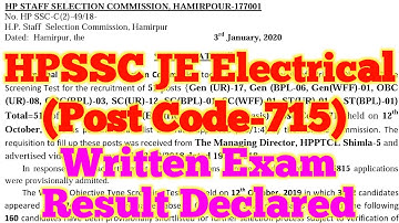 HPSSC Junior Engineer Electrical Post Code 715 Written Exam Result Declared |Hpssc JE Electrical 715