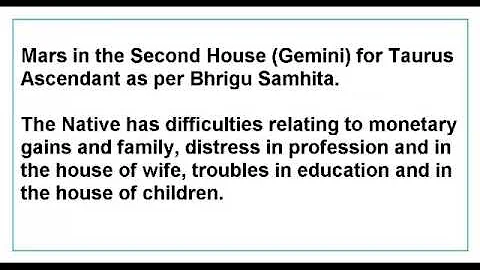Mars in the Second House for Taurus Ascendant as per Bhrigu Samhita