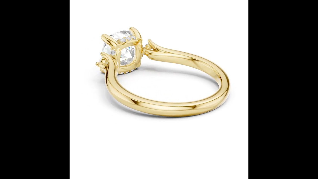 Cushion Cut Three-Stone Ring with Hidden Halo & Cathedral Shank