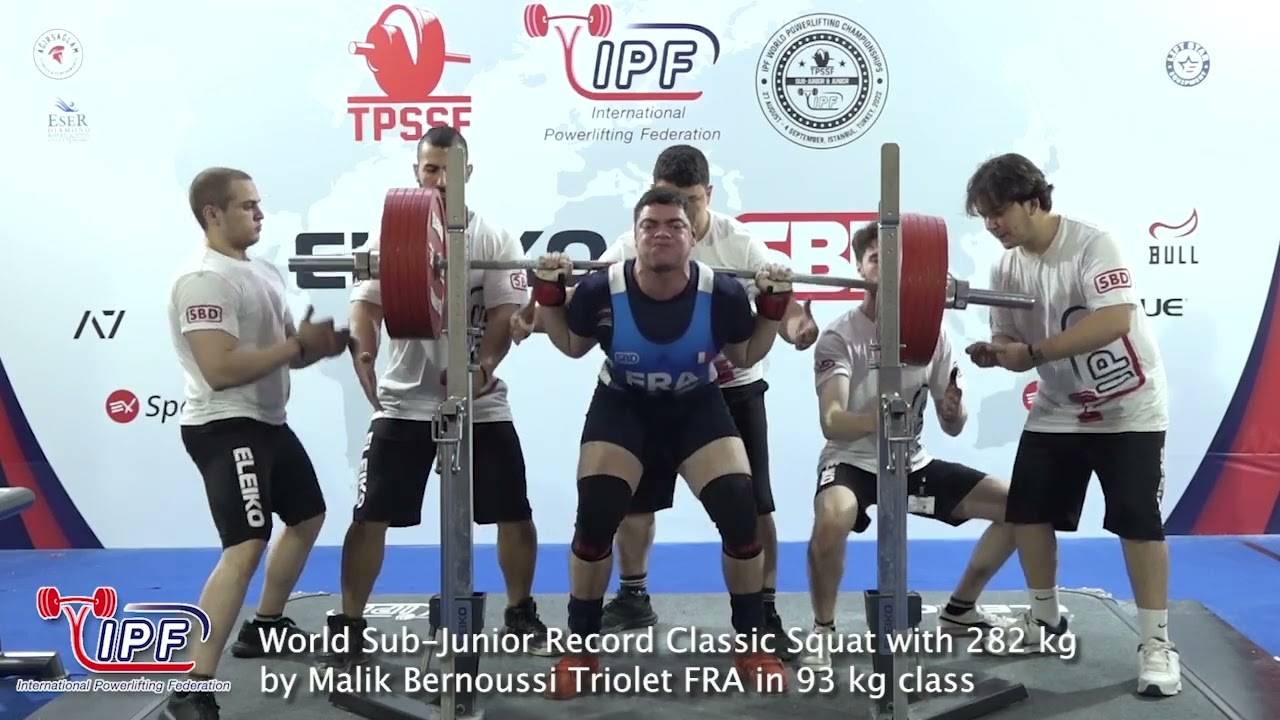 World Sub-Junior Record Classic Squat with 282 kg by Malik Bernoussi Triolet FRA in 93 kg class