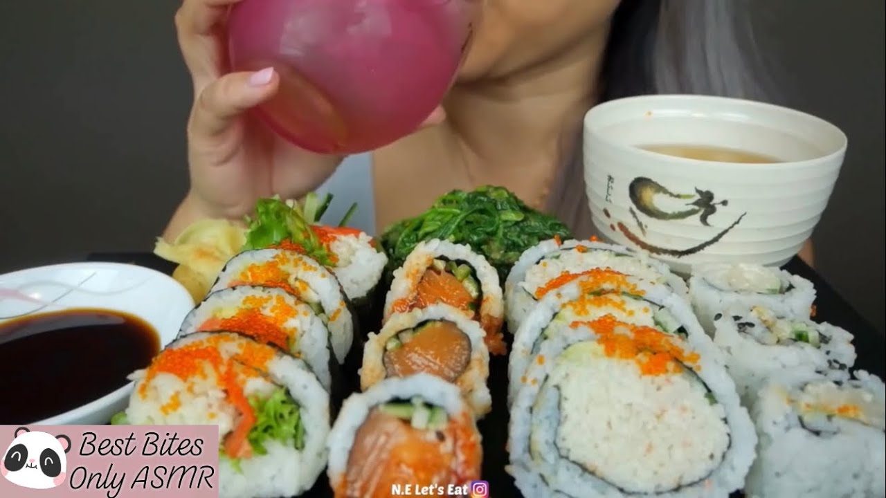 Best Bites Only ASMR | SUSHI ROLLS Alaska Roll, Jumbo Cali Roll & Spicy Salmon Roll | NE Let’s Eat