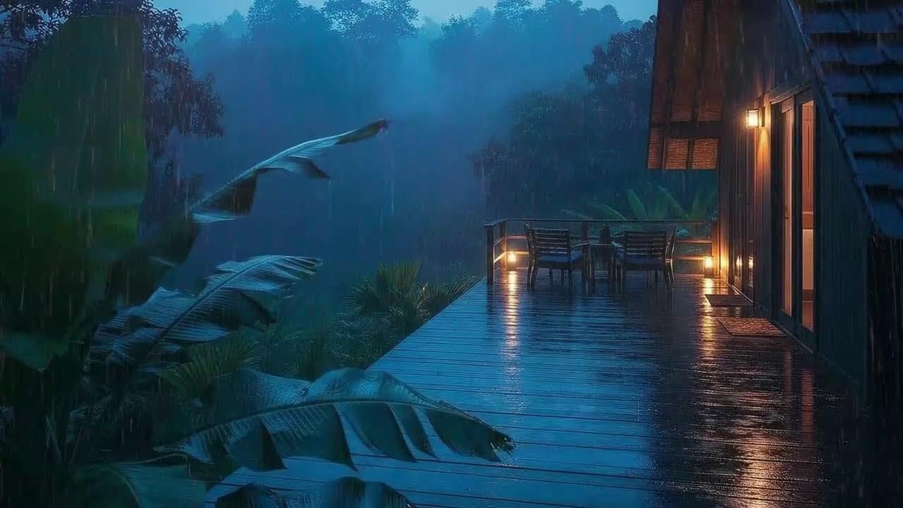 Sleep Now with Warm Rainfall and Soft Thunder Murmur at Forest Cabin Terrace 🌧️