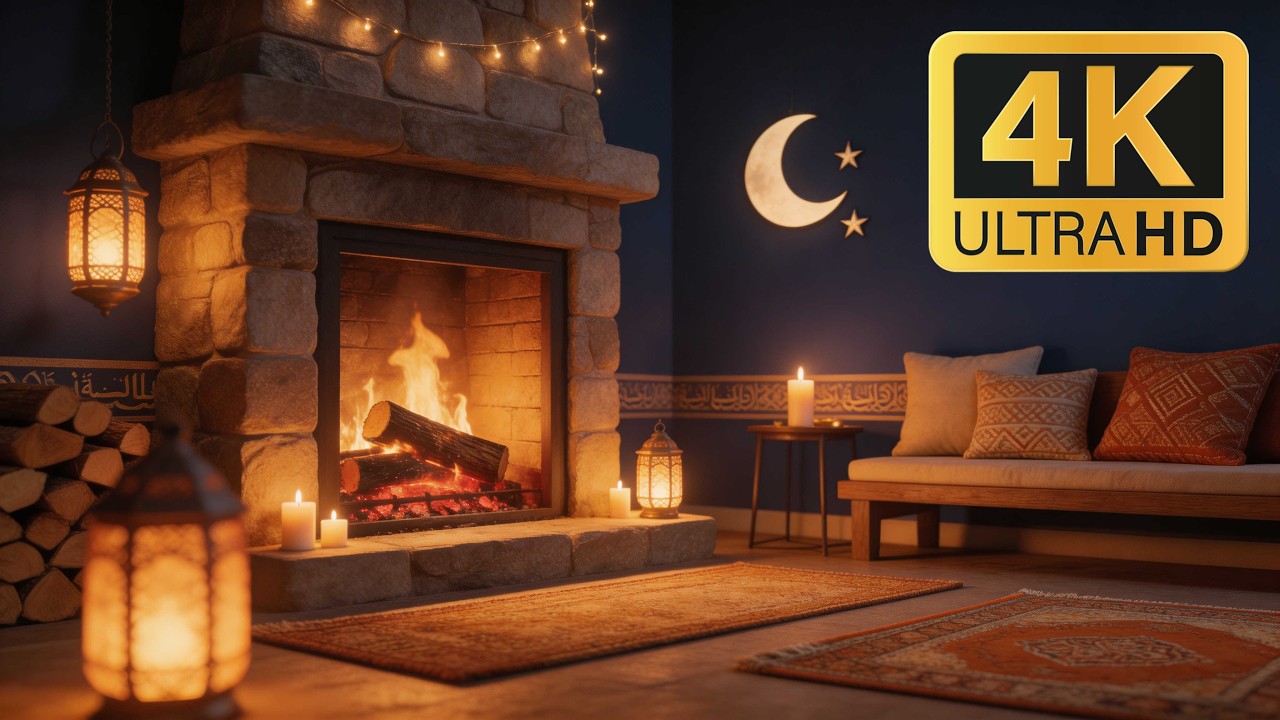 12H Ramadan Night Fireplace 4K 🌙 Lantern Light & Peaceful Crackling Fire (No Music)