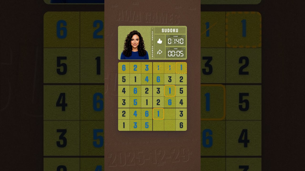 LinkedIn Mini Sudoku #140 solved board for December 29, 2025, 6x6 grid