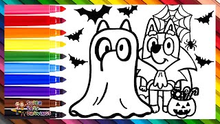 Drawing and Coloring Bluey and Bingo During Halloween 🐶🐕🧛🎃🦇👻 Drawings for Kids