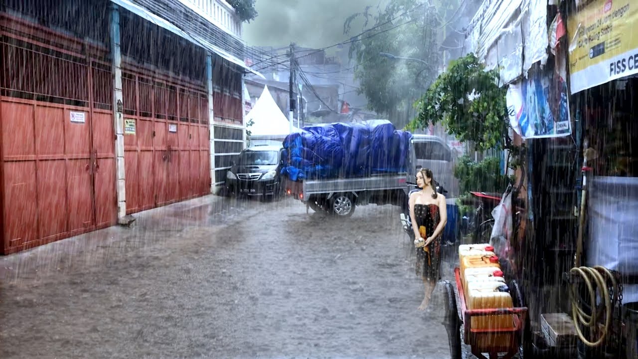 Rain in urban areas causes water to overflow along the roads, Nice