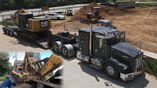 hauling CAT excavator, RGN lowboy trucking | Kenworth with LOUD JAKES