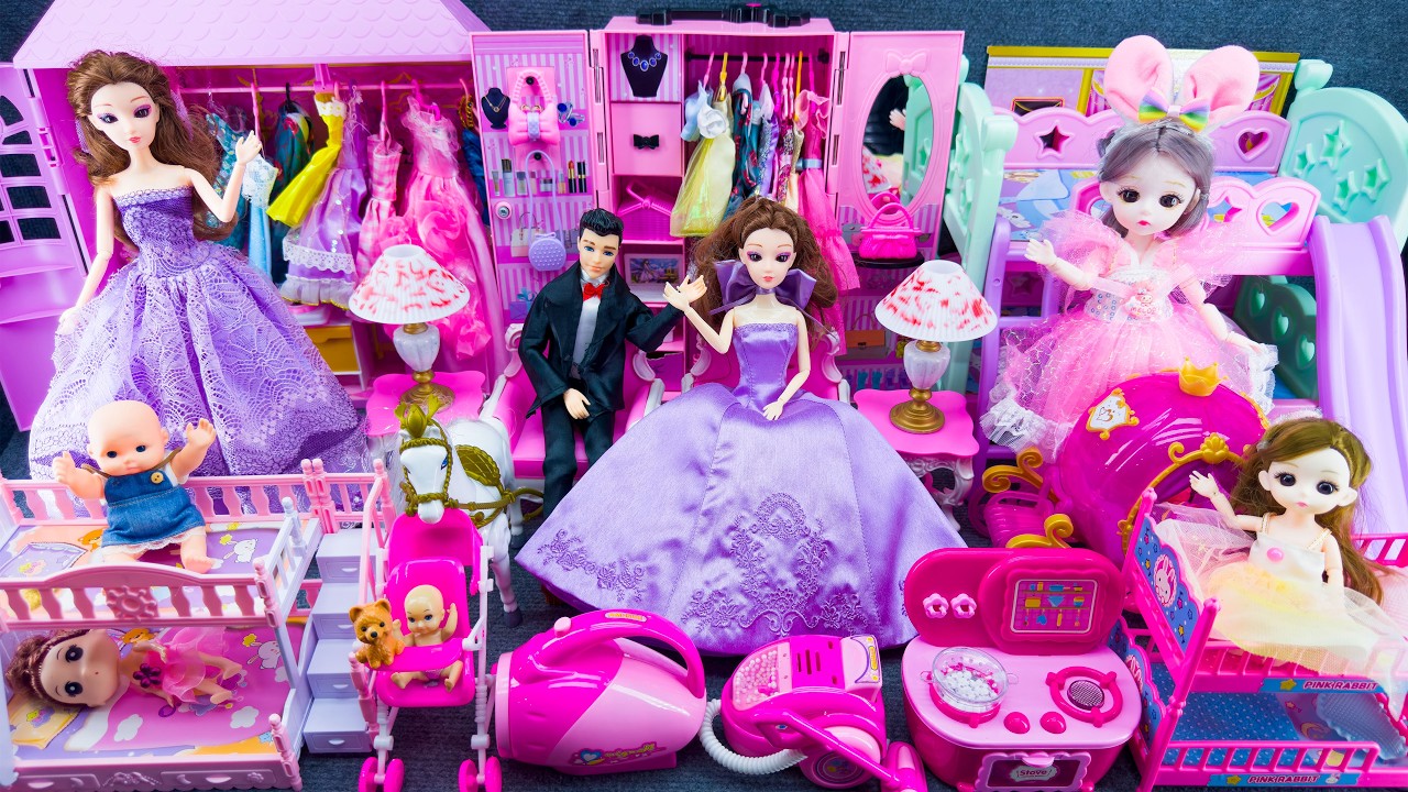 20 Minutes Satisfying Unboxing Barbie Princess Doll Family Playset, Pink Princess Bedroom Furniture