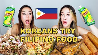 KOREAN SISTERS TRY FILIPINO FOOD FOR THE FIRST TIME! 😱🇵🇭 | SISIG, PANCIT BIHON, ADOBO, LUMPIA