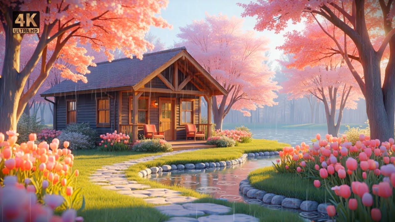 Sakura Haven 🌸 Spring Rain, Lakeside Ambience & Soft Piano | 1 Hour (4K)