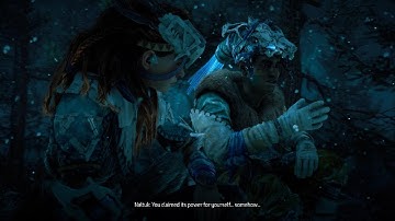 Horizon Zero Dawn Complete Edition cinematic, PS4 on PS5, Naltuk tells Aloy where to meet Ourea