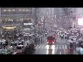 Snow in Shibuya Crossing in Tokyo and Fire Engines (東京 雪の渋谷スクランブル交差点に消防車)