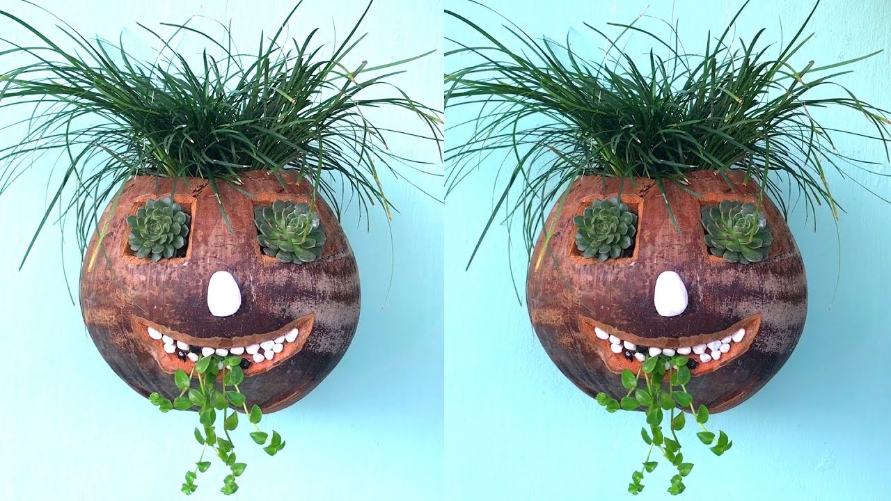 Làm chậu hoa từ quả dừa khô hình mặt quỷ | Make flower... - youtube